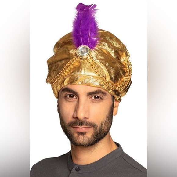 Costume turban hat. Sultan, Aladdin, Prince. Gold soft shell, beads, feathers. - Picture 1 of 10